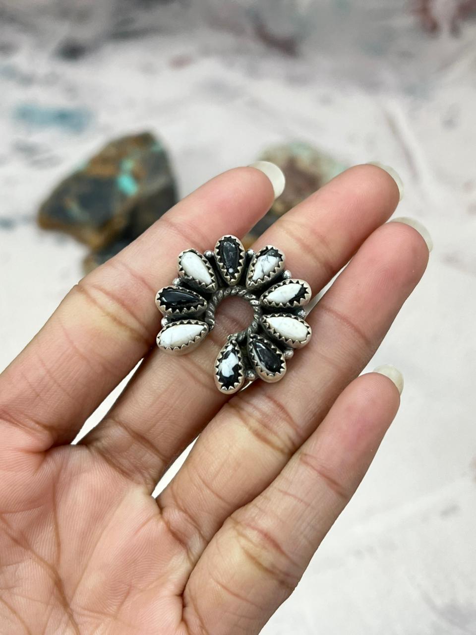 Handmade Sterling Silver White Buffalo Turquoise Naja Adjustable Ring "Signed Nizhoni" Nizhoni Traders LLC