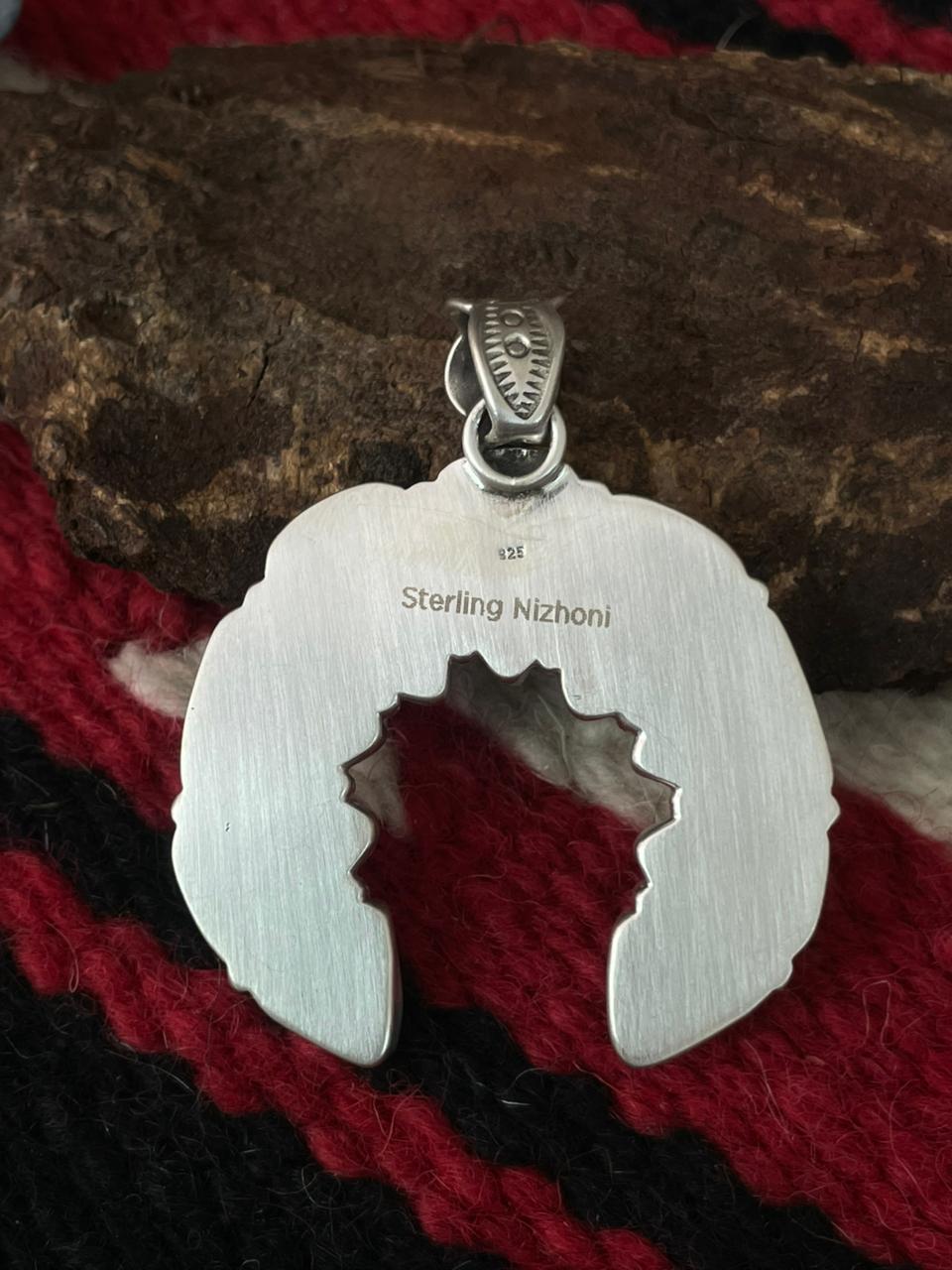 Handmade Sterling Silver Dahlia Rose with Emerald Valley Turquoise Pendant "Signed Nizhoni" Nizhoni Traders LLC