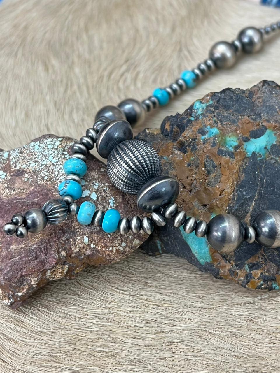 Handmade Sterling Silver Beaded Kingman Turquoise Necklace "Signed Nizhoni" Nizhoni Traders LLC