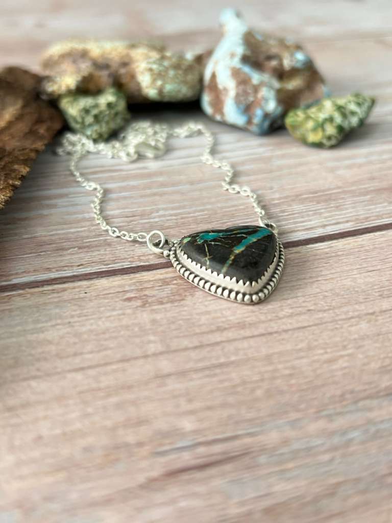 Handmade Sterling Silver Blackjack Turquoise Heart Necklace with Signed Nizhoni (4) Nizhoni Traders LLC