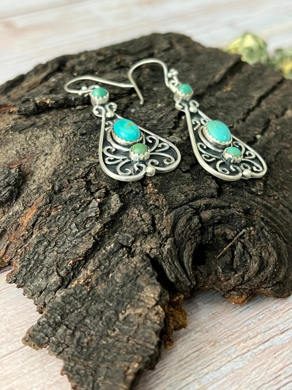 Handmade Sterling Silver Kingman Turquoise Hook Dangle Earrings with Signed Nizhoni Nizhoni Traders LLC