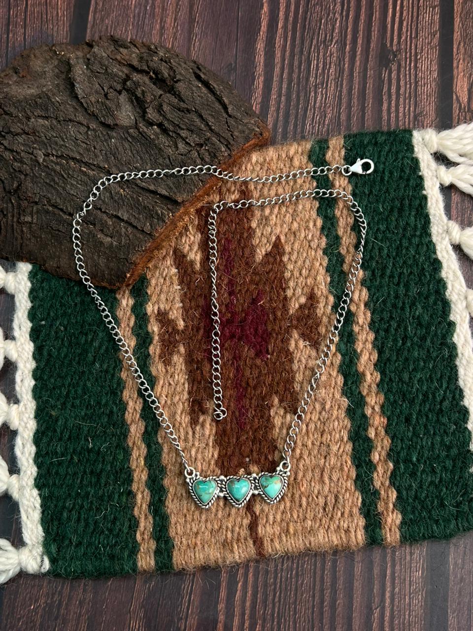 "Heart Collection" Handmade Sterling Silver Kingman Turquoise Necklace "Signed Nizhoni" Nizhoni Traders LLC