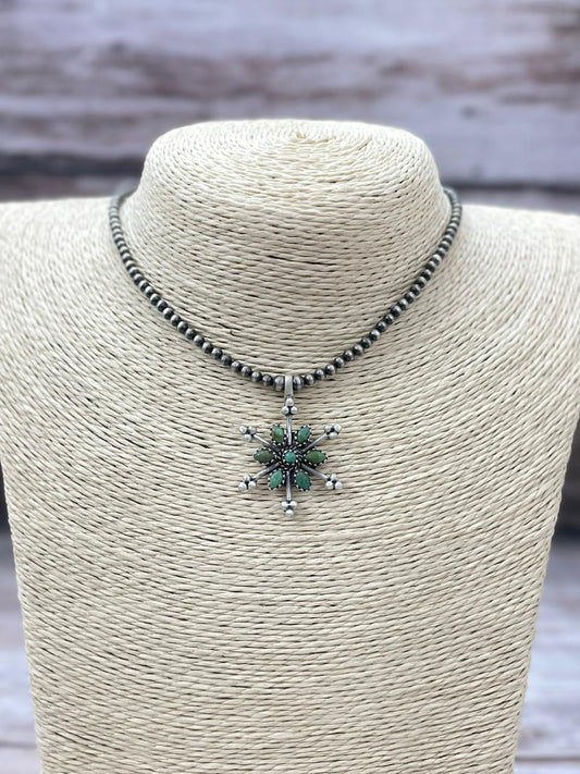 Handmade Sterling Silver Kingman Turquoise Beaded Necklace "Signed Nizhoni" (9) Nizhoni Traders LLC