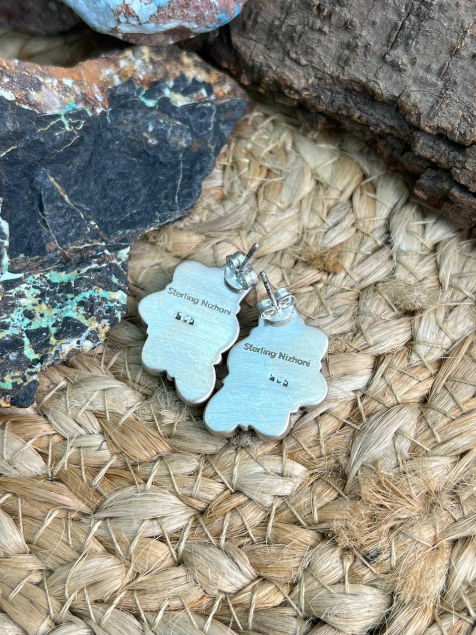 Handmade Sterling Silver Lapis Post Studs Earrings "Signed Nizhoni" Nizhoni Traders LLC