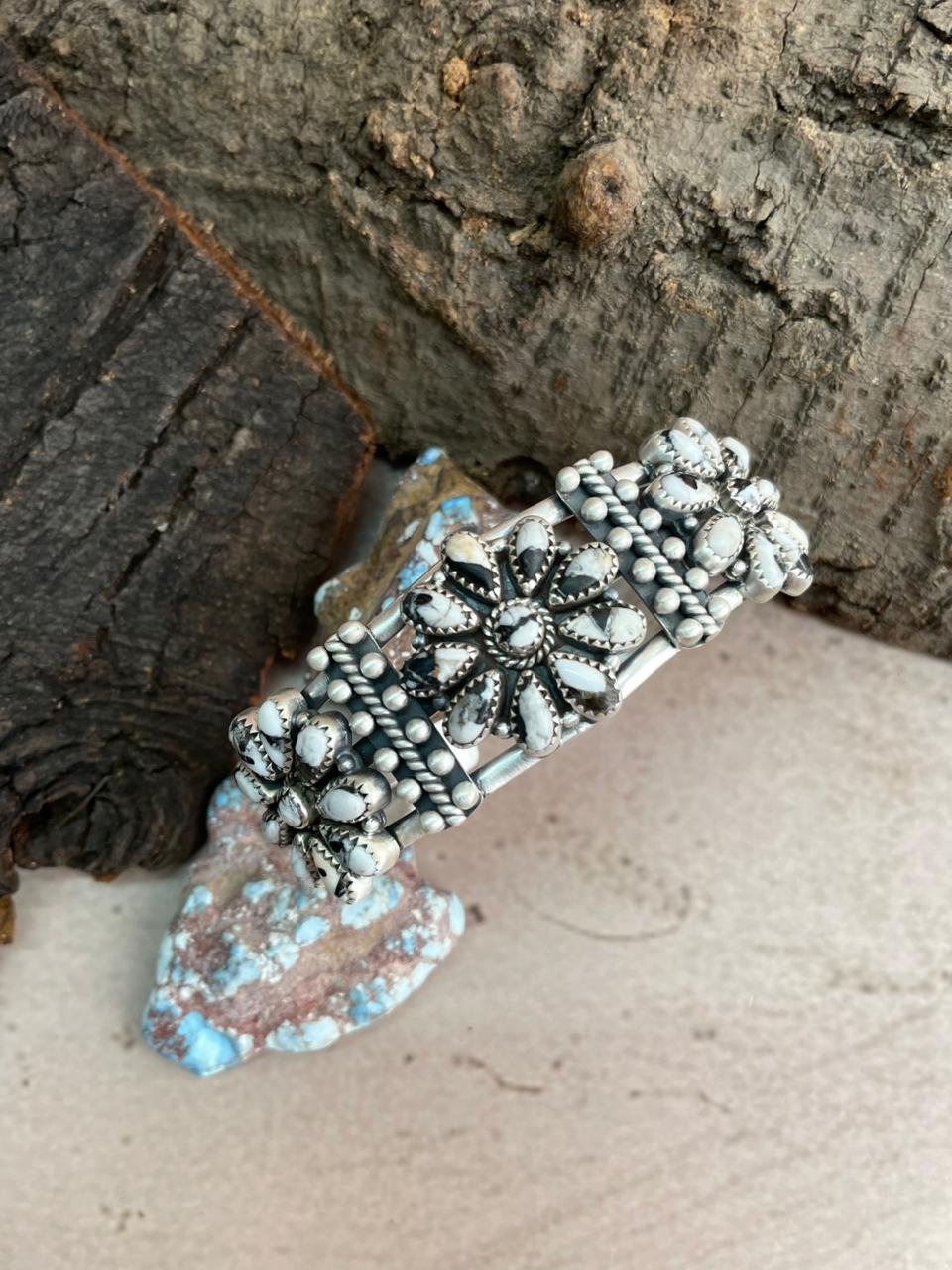 Handmade Sterling Silver White Buffalo Cuff Bracelet with Signed Nizhoni Nizhoni Traders LLC