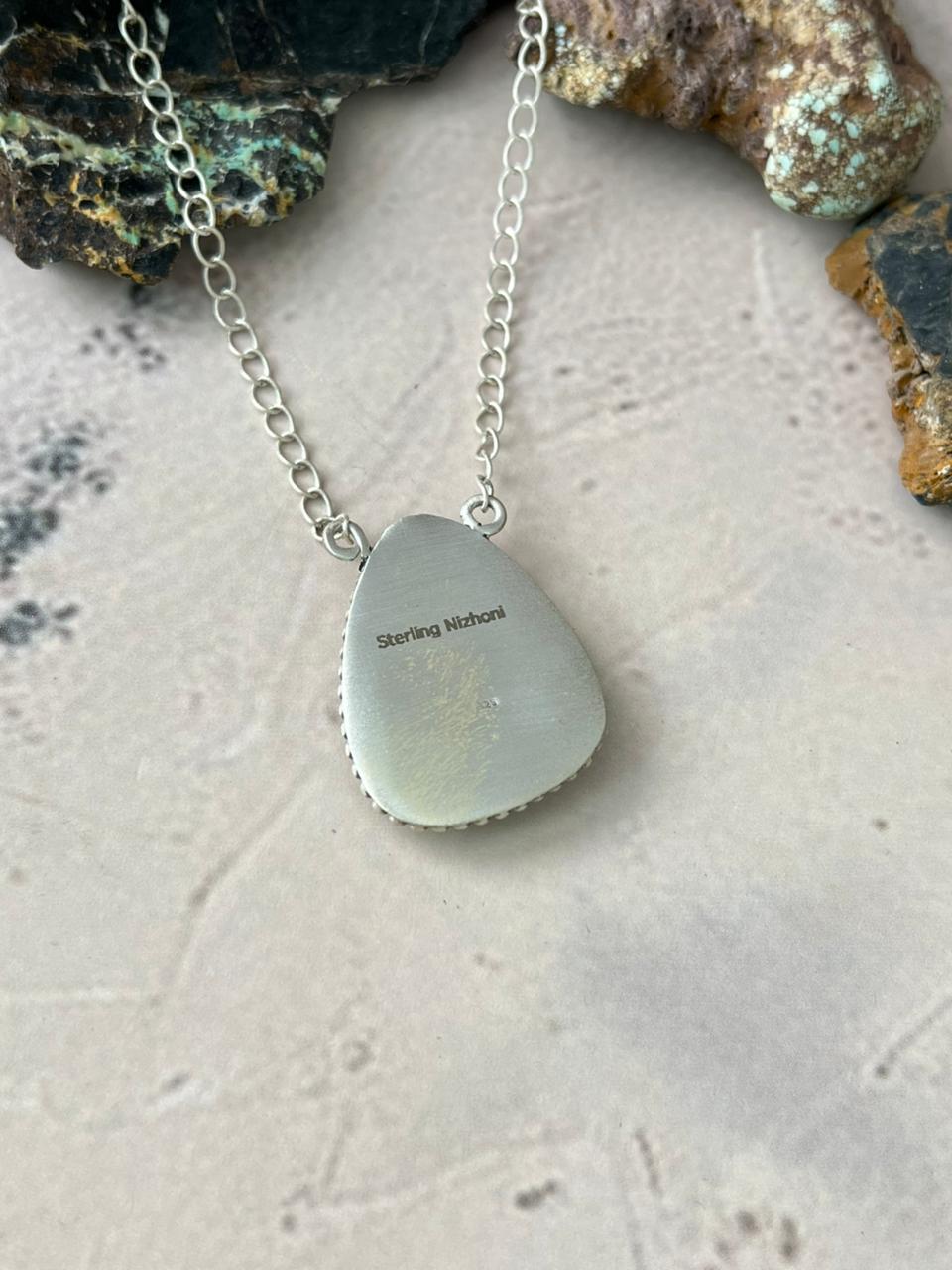 Handmade Sterling Silver Number 8 Turquoise Necklace "Signed Nizhoni" (5) Nizhoni Traders LLC