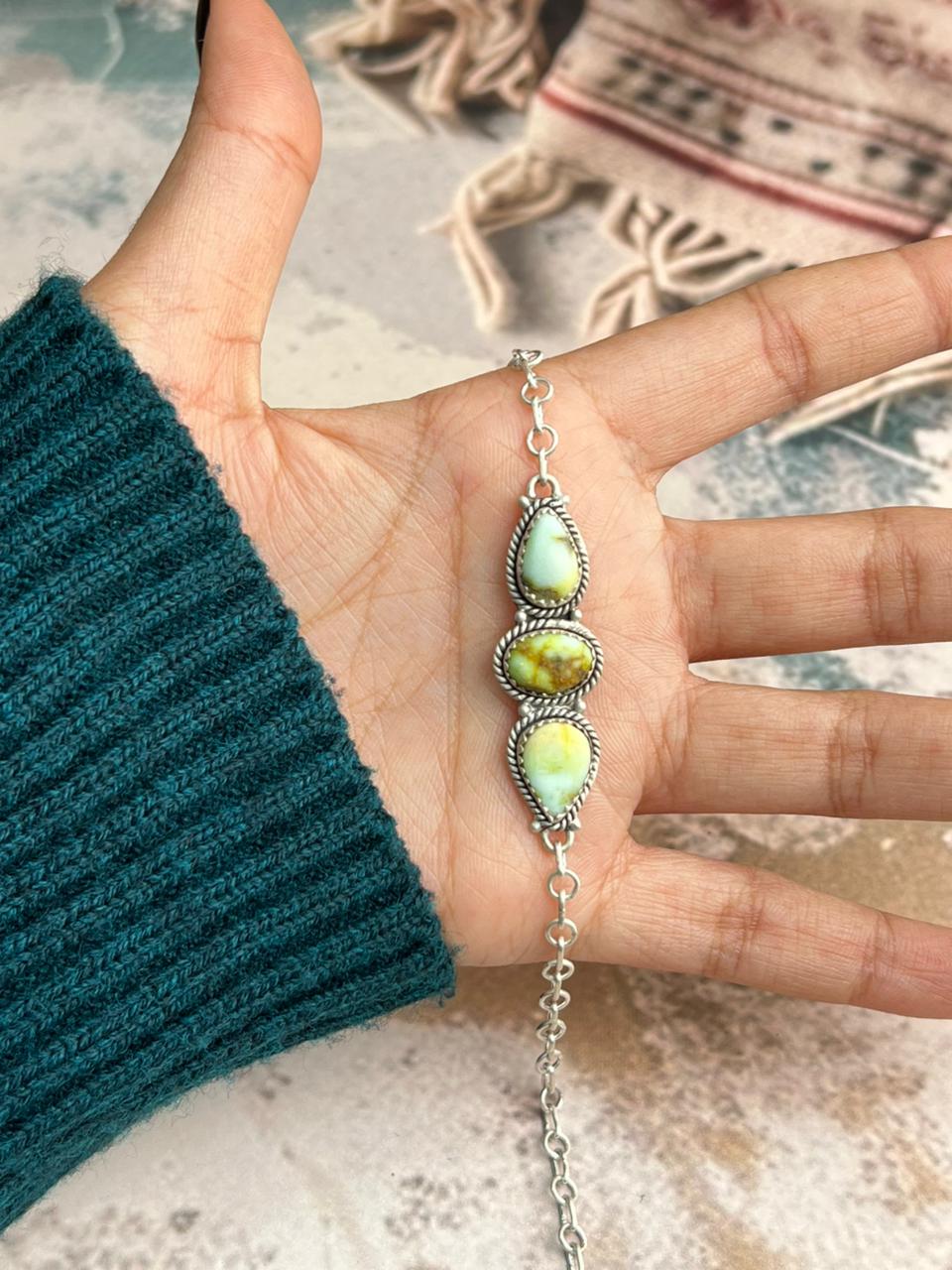 Handmade Sterling Silver Palomino Turquoise Chain Bracelet "Signed Nizhoni" Nizhoni Traders LLC