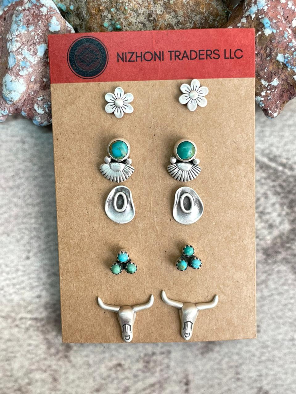 Handmade Sterling Silver Kingman Turquoise Post Studs Set (Card) Earrings Nizhoni Traders LLC