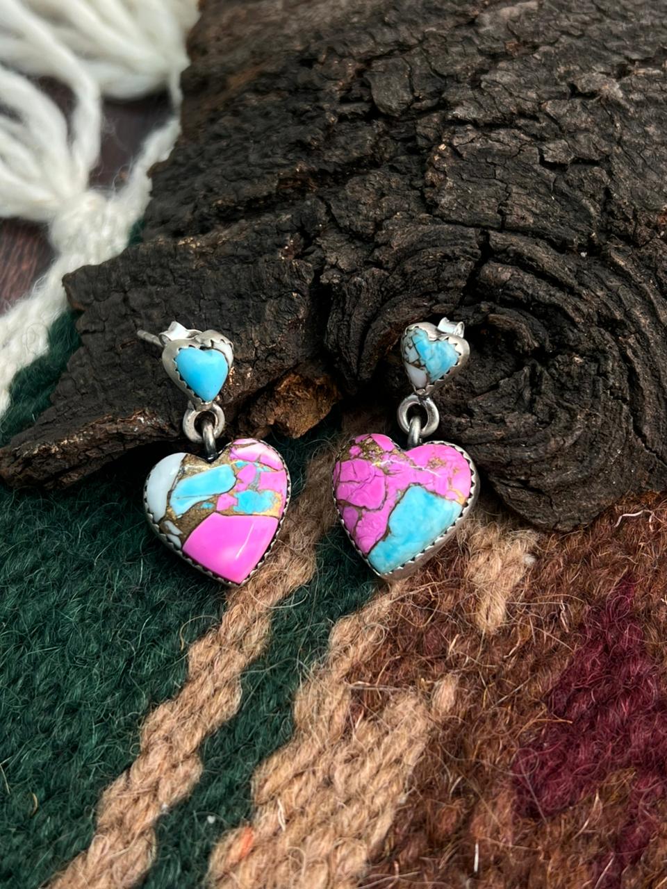 "Heart Collection" Handmade Sterling Silver Cotton Candy Post Dangle Earrings "Signed Nizhoni" Nizhoni Traders LLC
