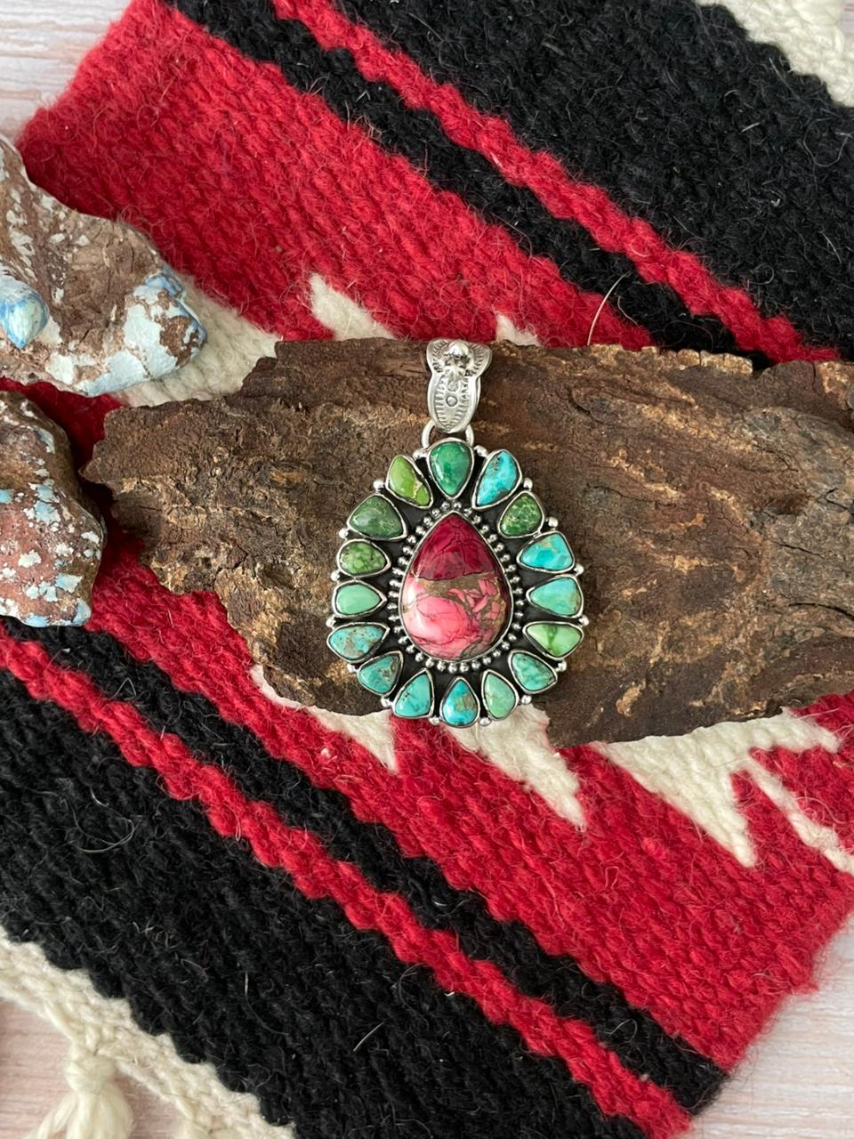 Handmade Sterling Silver Dahlia Rose with Emerald Valley Turquoise Pendant "Signed Nizhoni" Nizhoni Traders LLC