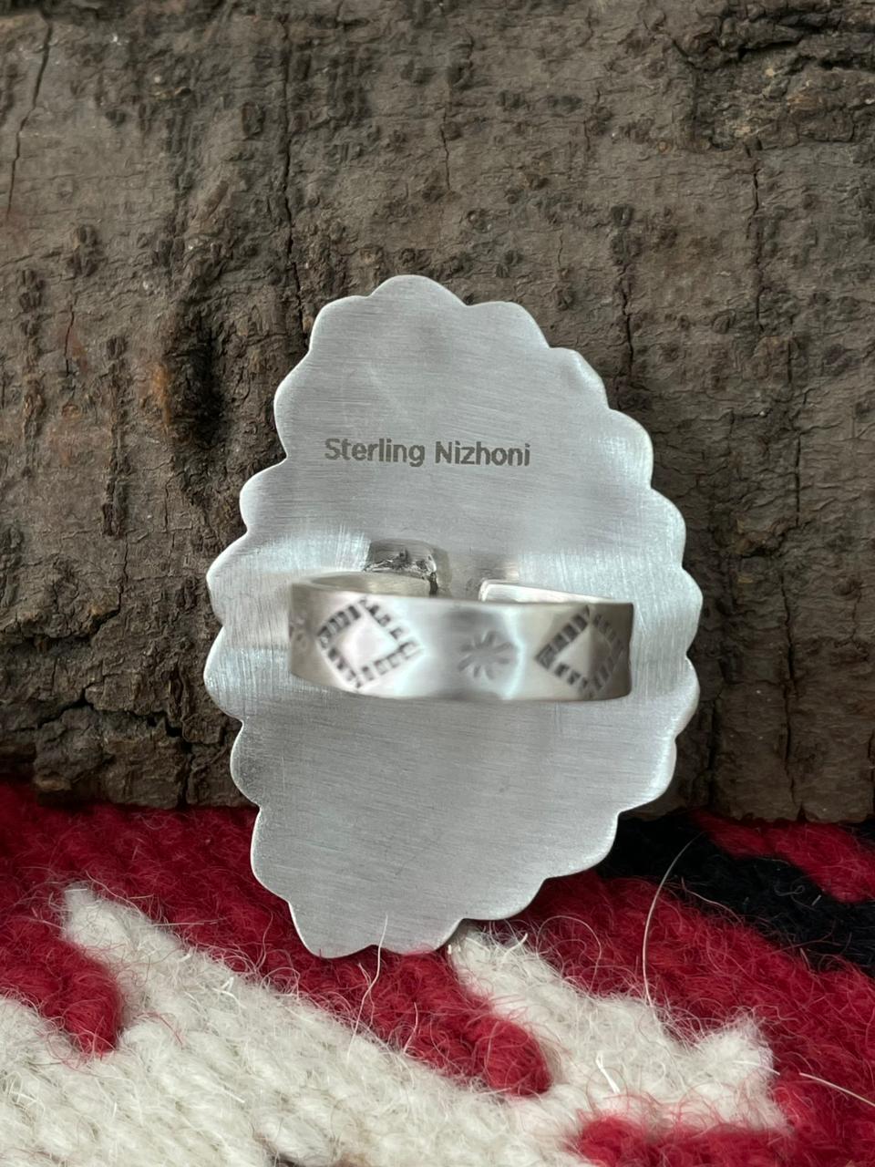 Handmade Sterling Silver Dahlia Rose With Emerald Valley Turquoise Ring "Signed Nizhoni" Nizhoni Traders LLC