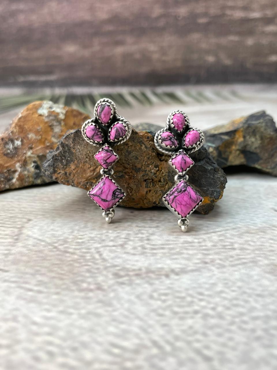 Handmade Sterling Silver Cherry Blossom Post Earrings "Signed Nizhoni" Nizhoni Traders LLC