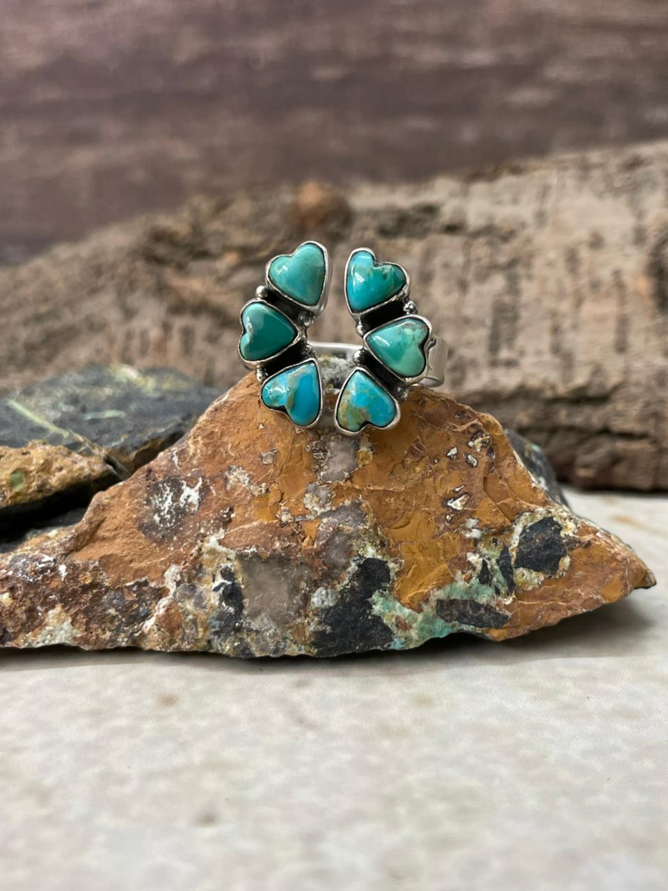 "Heart Collection" Handmade Sterling Silver Kingman Turquoise Adjustable Ring "Signed Nizhoni" Nizhoni Traders LLC