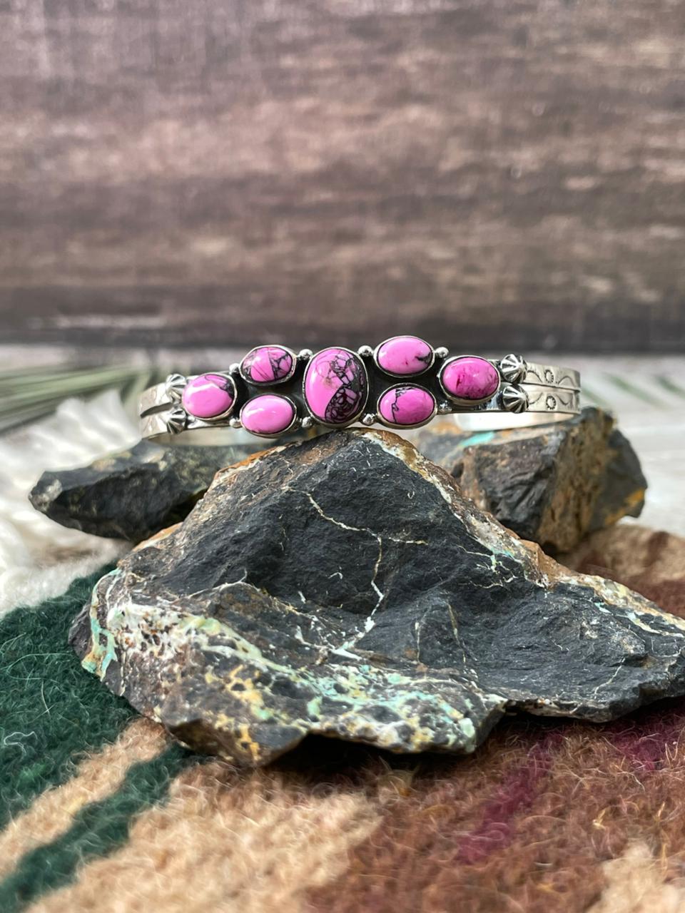 Handmade Sterling Silver Cherry Blossom Cuff Bracelet "Signed Nizhoni" Nizhoni Traders LLC