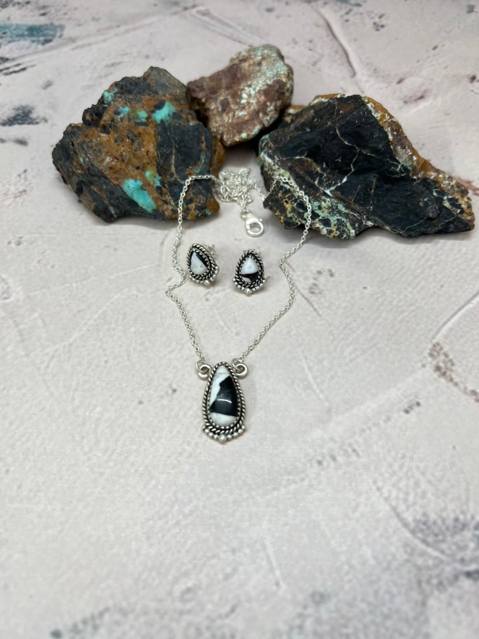 Handmade Sterling Silver White Buffalo Necklace Earrings Set "Signed Nizhoni" Nizhoni Traders LLC