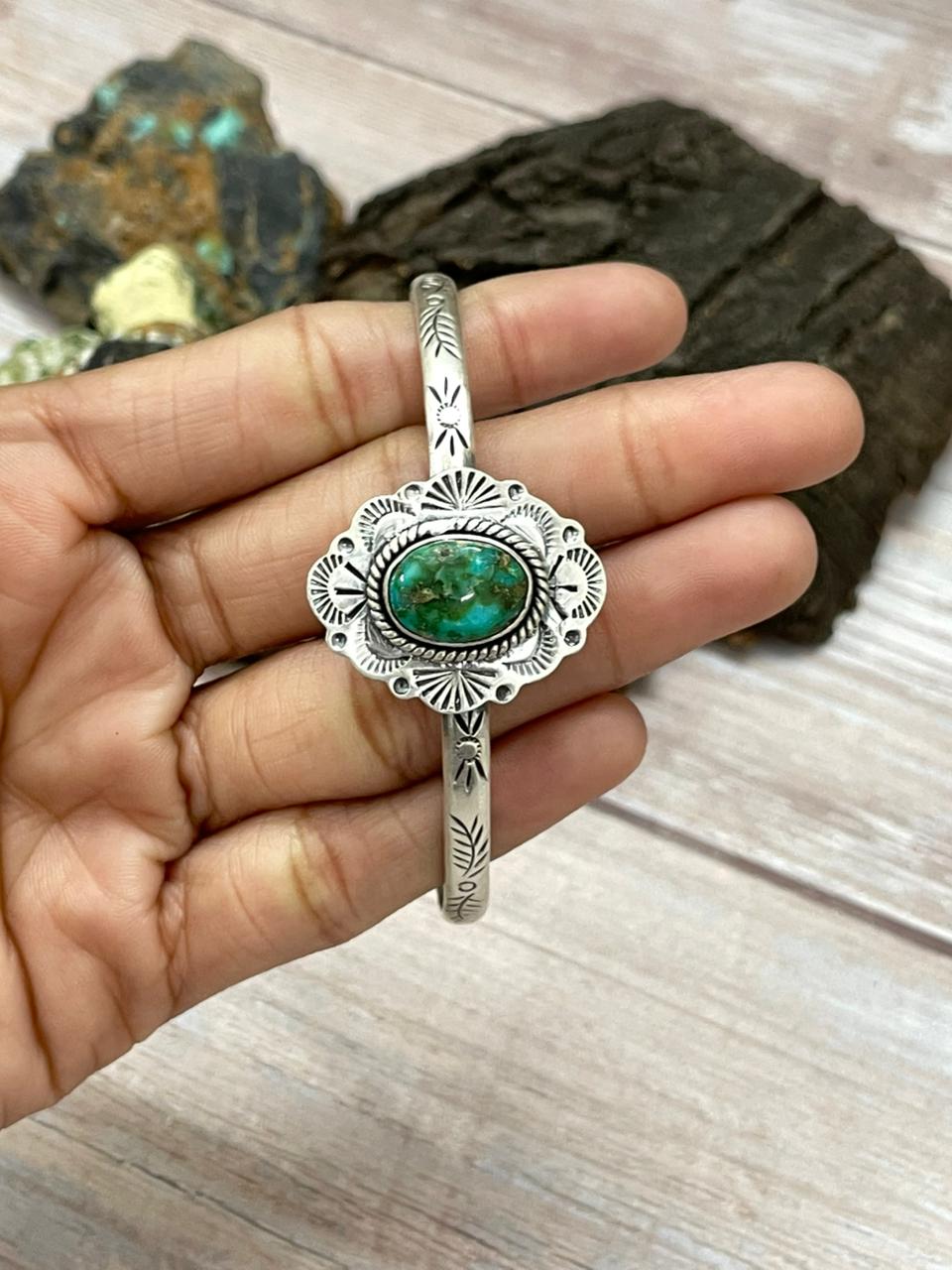 Handmade Sterling Silver Sonoran Mountain Turquoise Cuff Bracelet "Signed Nizhoni" Nizhoni Traders LLC