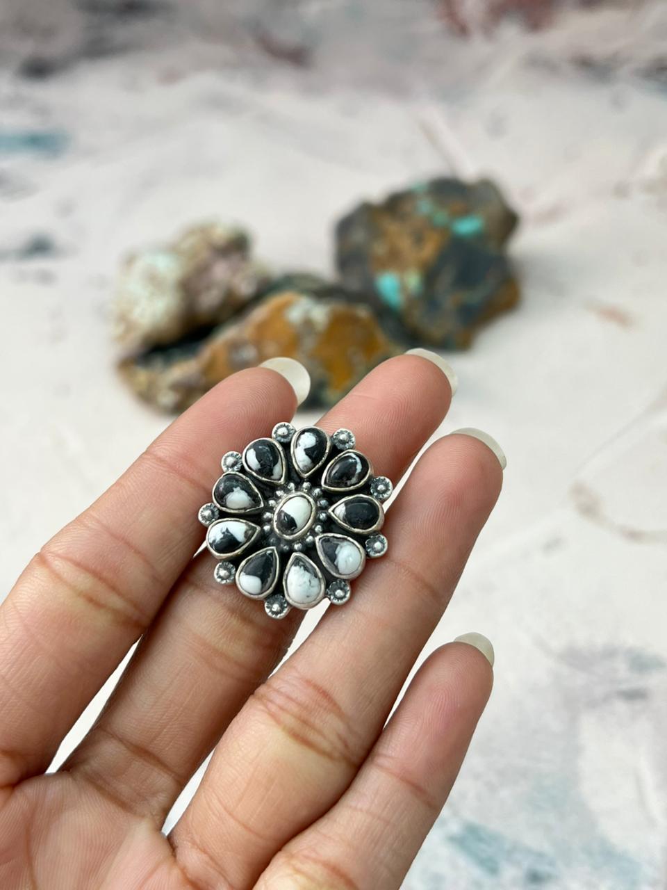 Handmade Sterling Silver White Buffalo Turquoise Adjustable Ring "Signed Nizhoni" Nizhoni Traders LLC