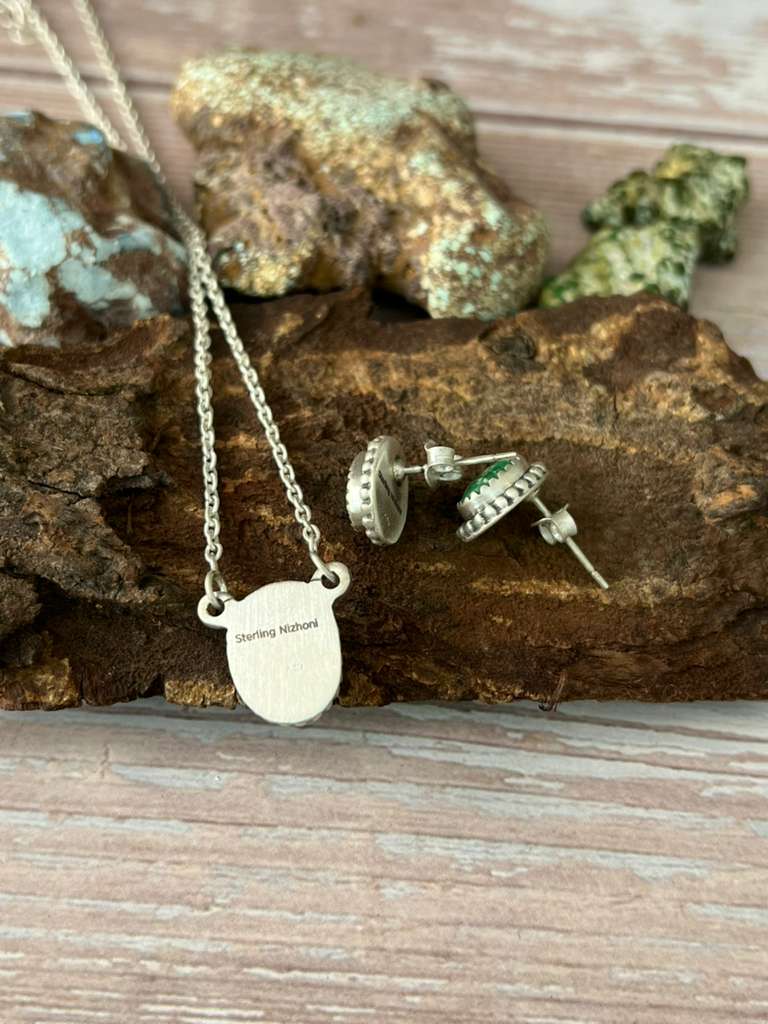Handmade Sterling Silver Emerald Valley Turquoise Necklace Earrings Set with Signed Nizhoni (2) Nizhoni Traders LLC