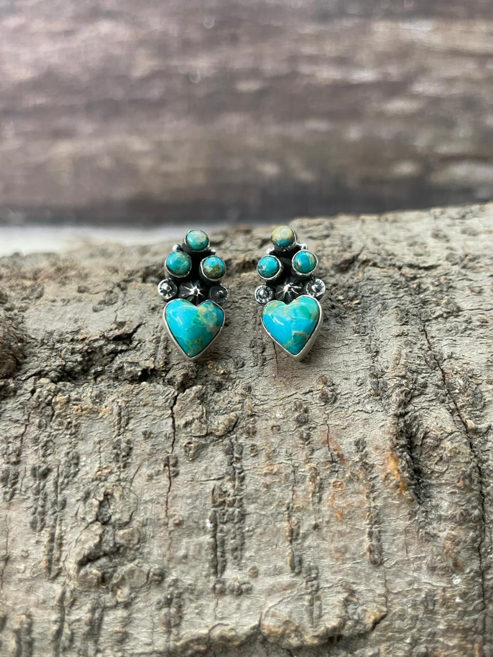 "Heart Collection" Handmade Sterling Silver Kingman Turquoise Post Studs Earrings "Signed Nizhoni" Nizhoni Traders LLC