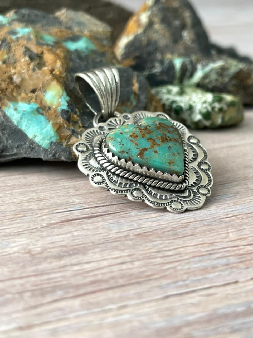 Handmade Sterling Silver Mantis Turquoise Heart Pendant " Signed Nizhoni" Nizhoni Traders LLC