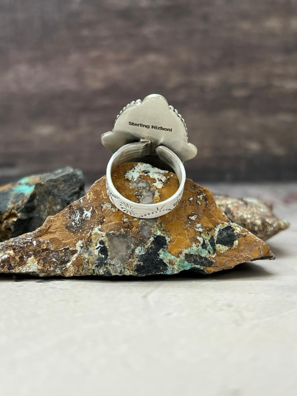 Handmade Sterling Silver Mantis Turquoise Adjustable Ring "Signed Nizhoni" Nizhoni Traders LLC