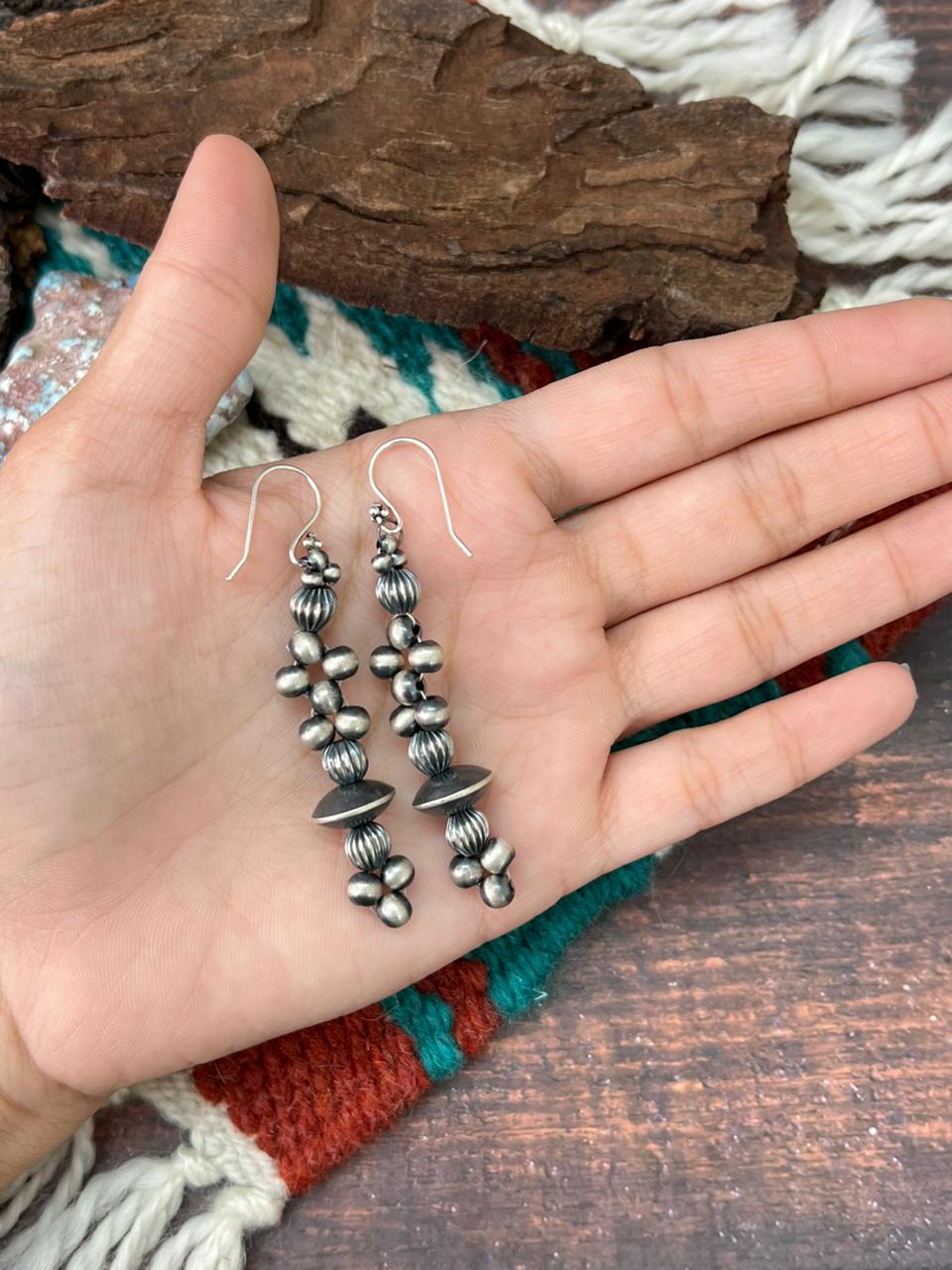 Handmade Sterling Silver Beaded Dangle Hook Earrings (9) Nizhoni Traders LLC