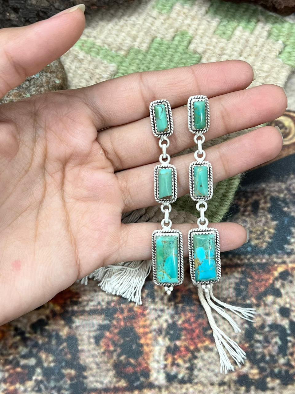 Handmade Sterling Silver Kingman Turquoise Post Earrings "Signed Nizhoni" Nizhoni Traders LLC
