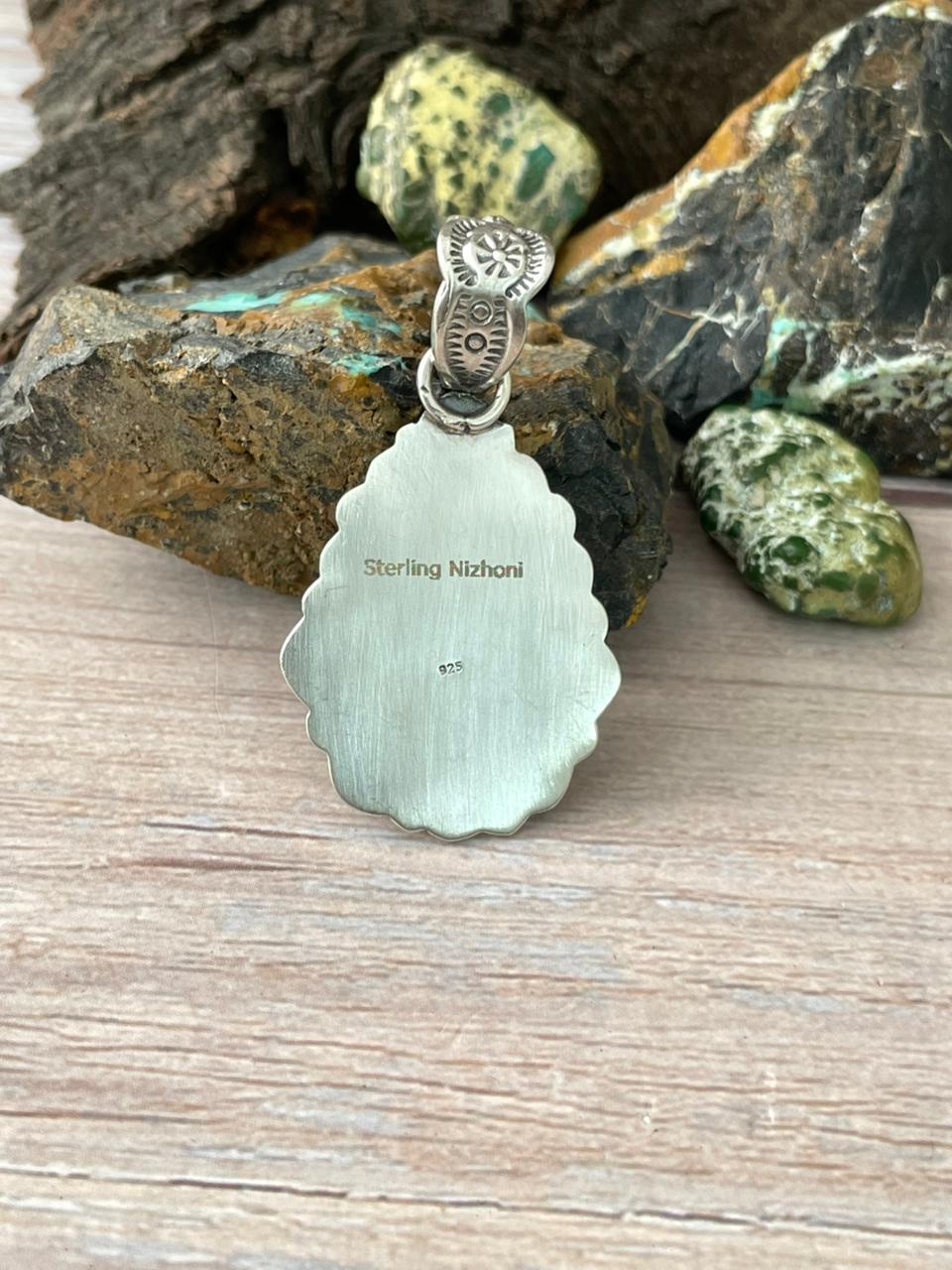 Handmade Sterling Silver Mantis Turquoise Pendant " Signed Nizhoni" Nizhoni Traders LLC