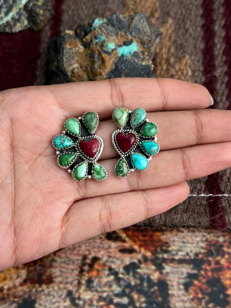 Handmade Sterling Silver Dahlia Rose with Emerald Valley Turquoise Post Earrings "Signed Nizhoni" Nizhoni Traders LLC