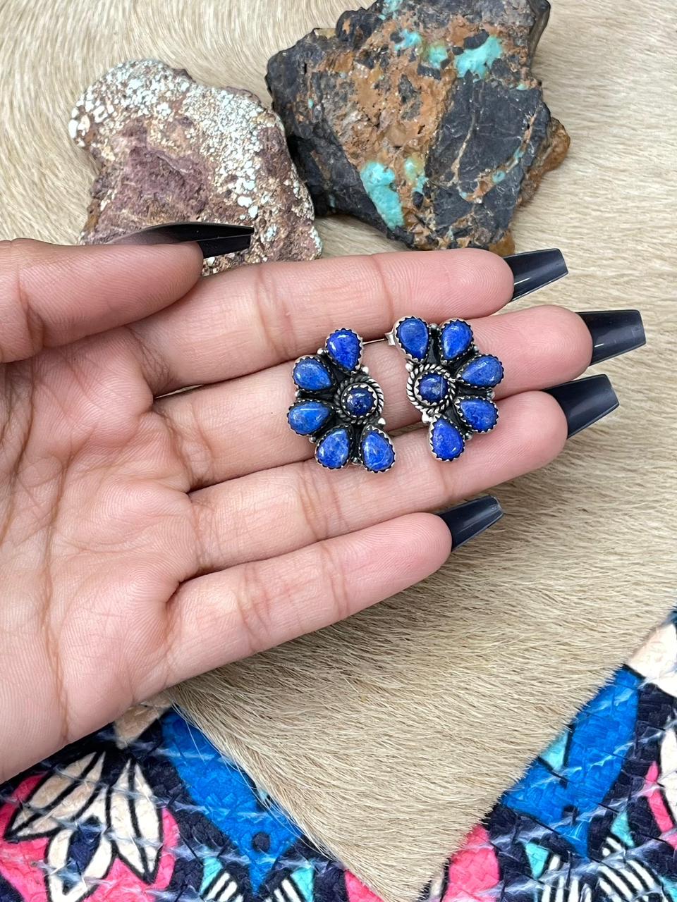 Handmade Sterling Silver Lapis Post Studs Earrings "Signed Nizhoni" Nizhoni Traders LLC