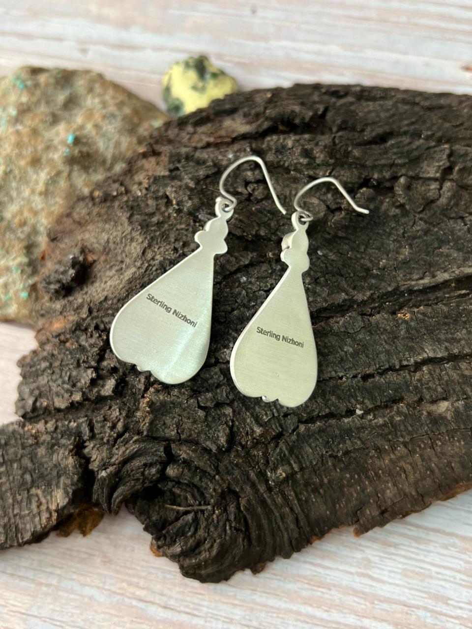 Handmade Sterling Silver Kingman Turquoise Hook Dangle Earrings with Signed Nizhoni Nizhoni Traders LLC