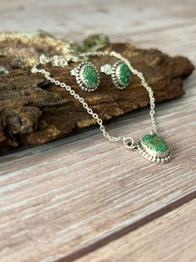 Handmade Sterling Silver Emerald Valley Turquoise Necklace Earrings Set with Signed Nizhoni (2) Nizhoni Traders LLC