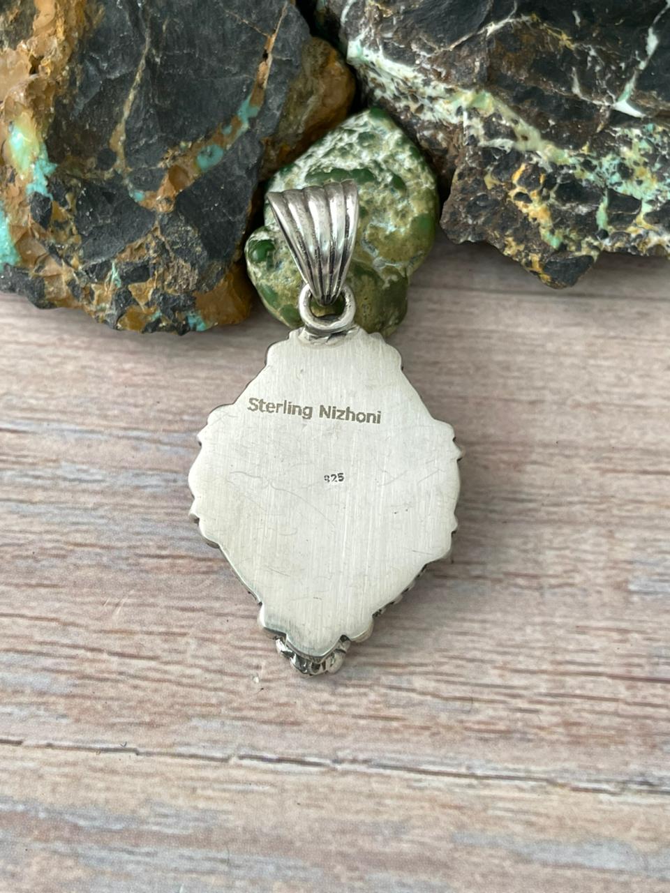 Handmade Sterling Silver Mantis Turquoise Pendant " Signed Nizhoni" Nizhoni Traders LLC