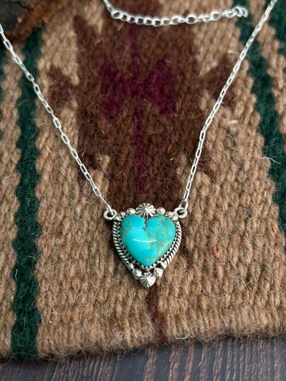 "Heart Collection" Handmade Sterling Silver Kingman Turquoise Necklace "Signed Nizhoni" Nizhoni Traders LLC