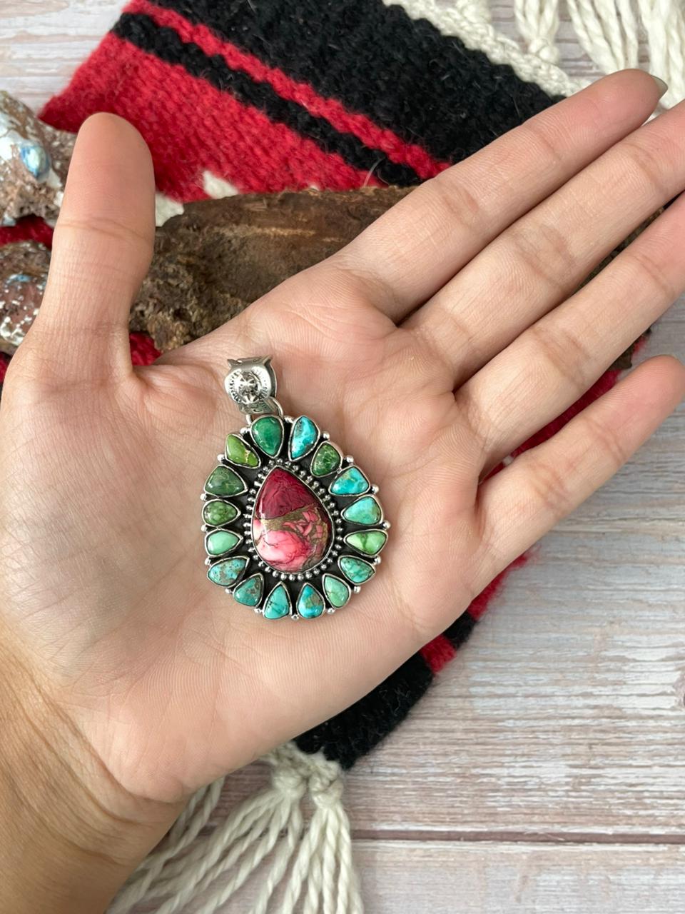 Handmade Sterling Silver Dahlia Rose with Emerald Valley Turquoise Pendant "Signed Nizhoni" Nizhoni Traders LLC