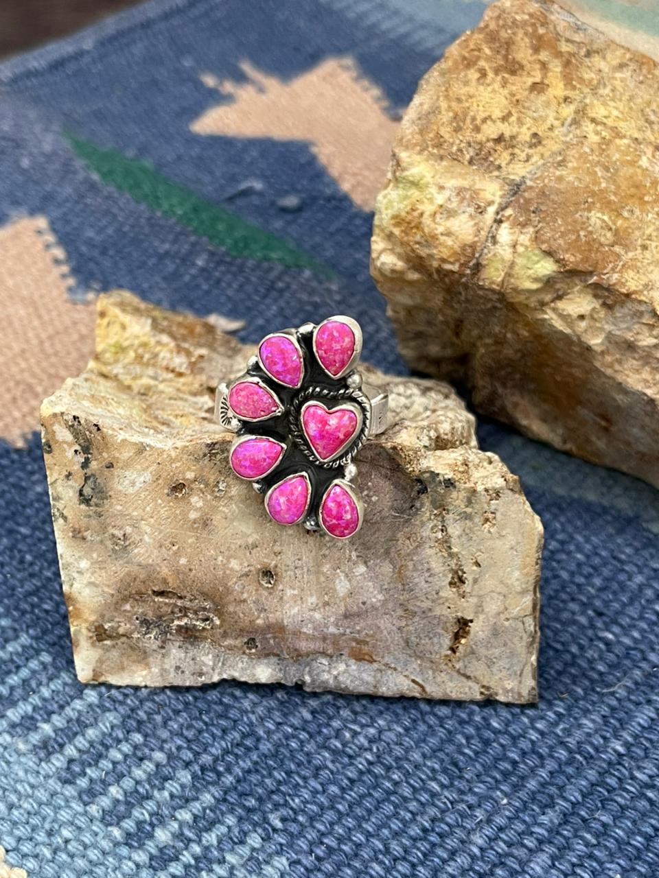Handmade Sterling Silver Hot Pink Adjustable Ring " Signed Nizhoni" Nizhoni Traders LLC
