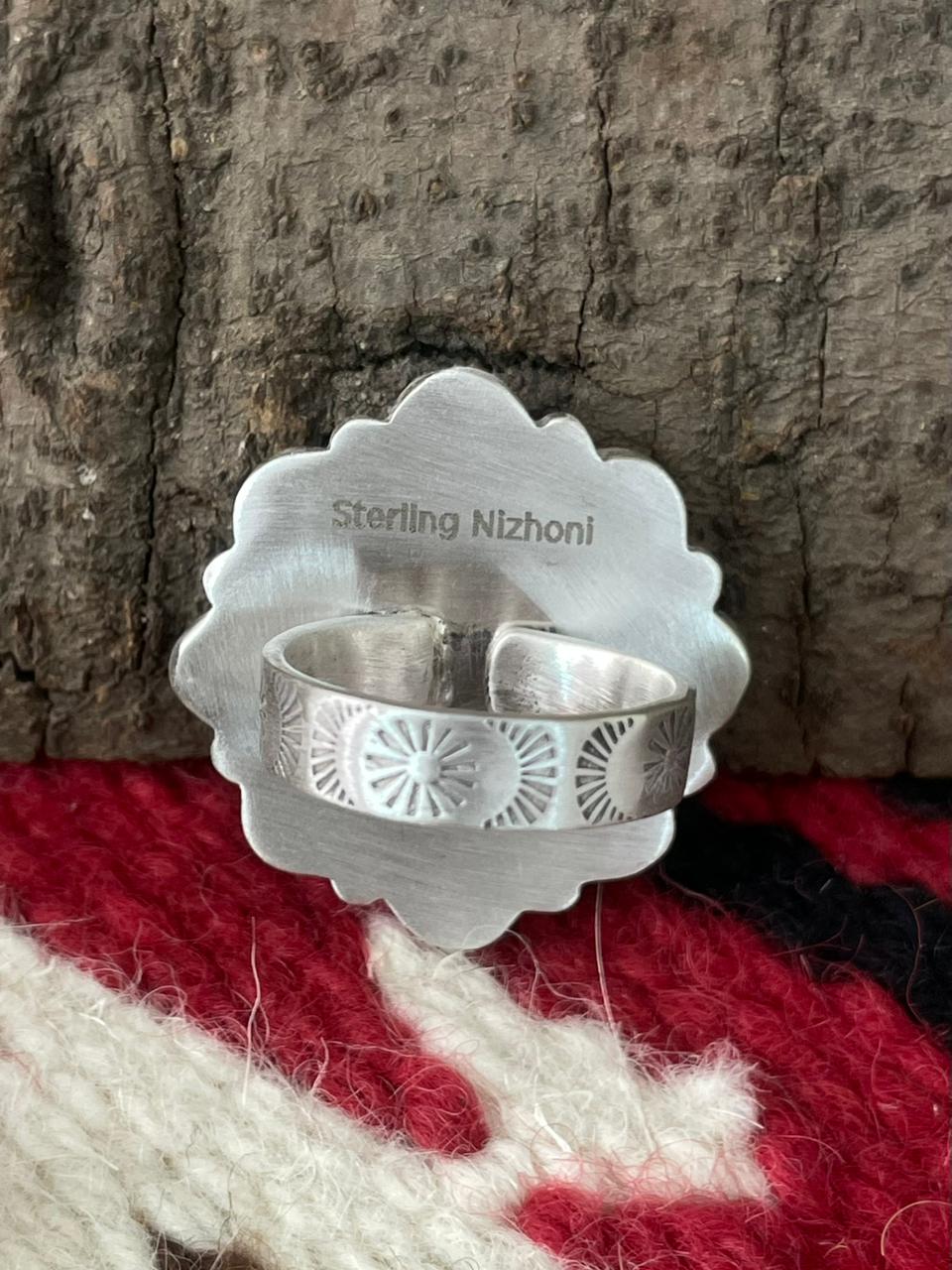 Handmade Sterling Silver Dahlia Rose With Emerald Valley Turquoise Ring "Signed Nizhoni" Nizhoni Traders LLC