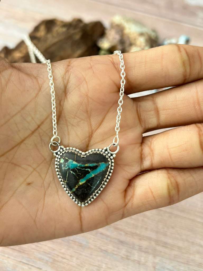 Handmade Sterling Silver Blackjack Turquoise Heart Necklace with Signed Nizhoni (4) Nizhoni Traders LLC