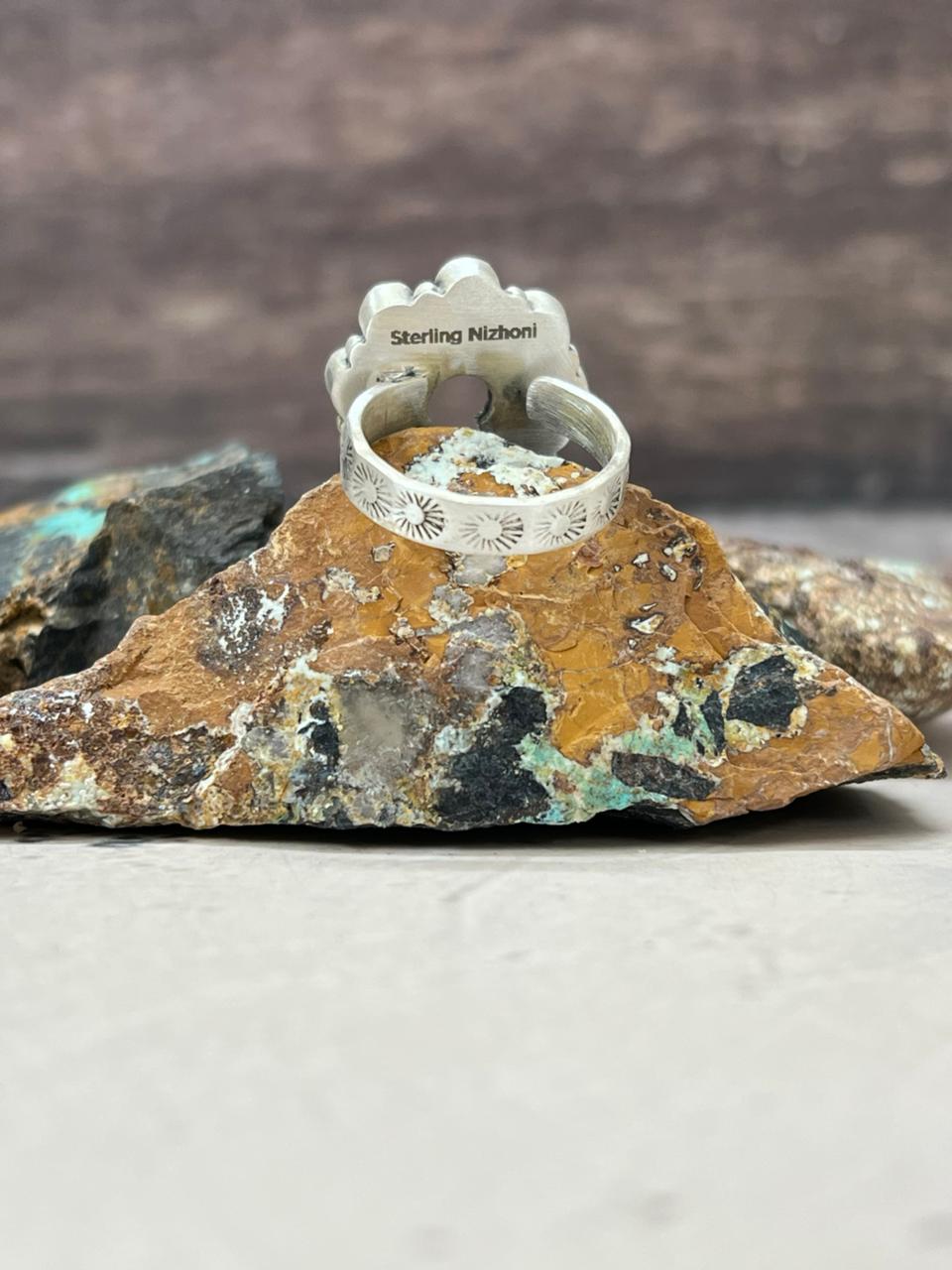 Handmade Sterling Silver Kingman Turquoise Naja Ring Adjustable "Signed Nizhoni" Nizhoni Traders LLC