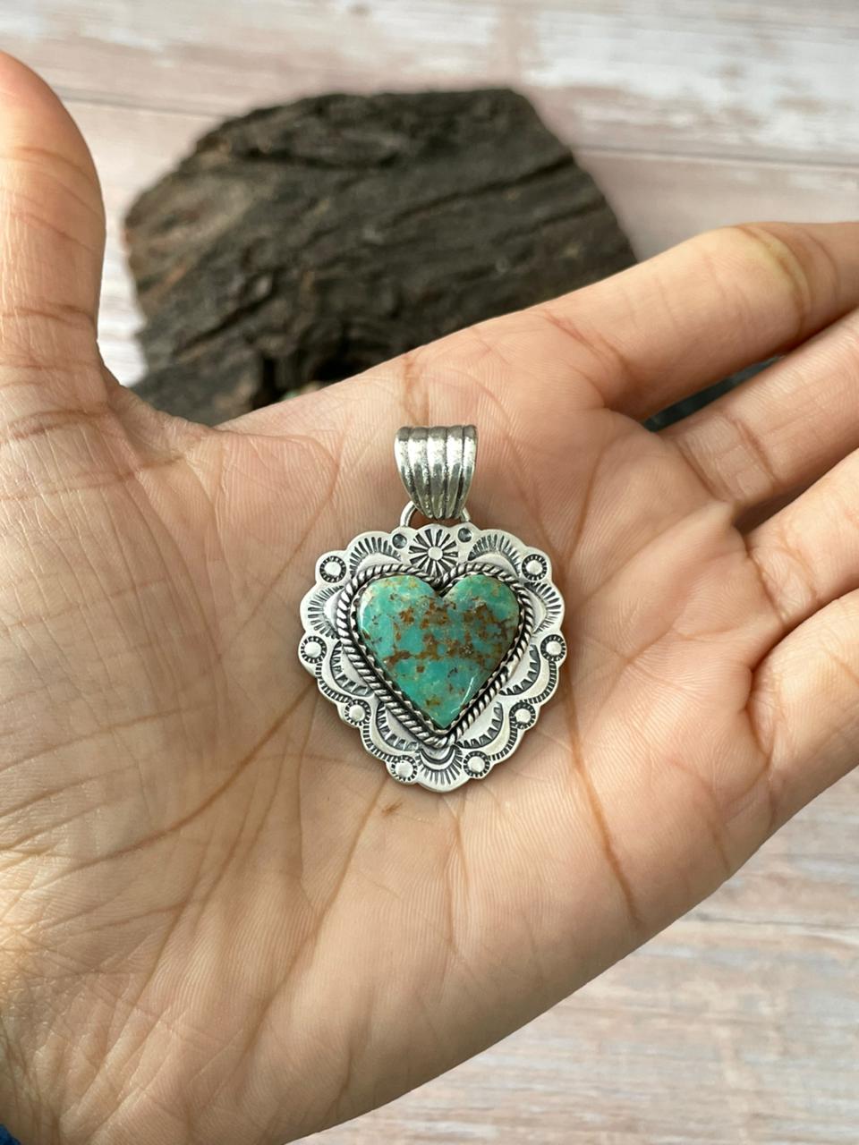 Handmade Sterling Silver Mantis Turquoise Heart Pendant " Signed Nizhoni" Nizhoni Traders LLC