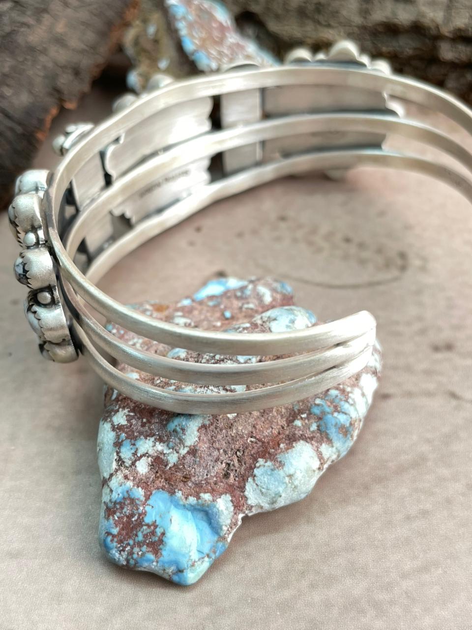 Handmade Sterling Silver White Buffalo Cuff Bracelet with Signed Nizhoni Nizhoni Traders LLC