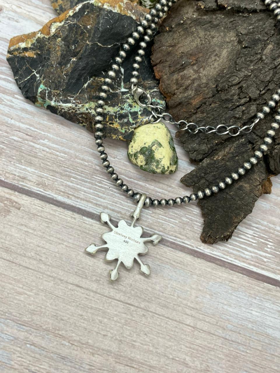 Handmade Sterling Silver Kingman Turquoise Beaded Necklace "Signed Nizhoni" (9) Nizhoni Traders LLC