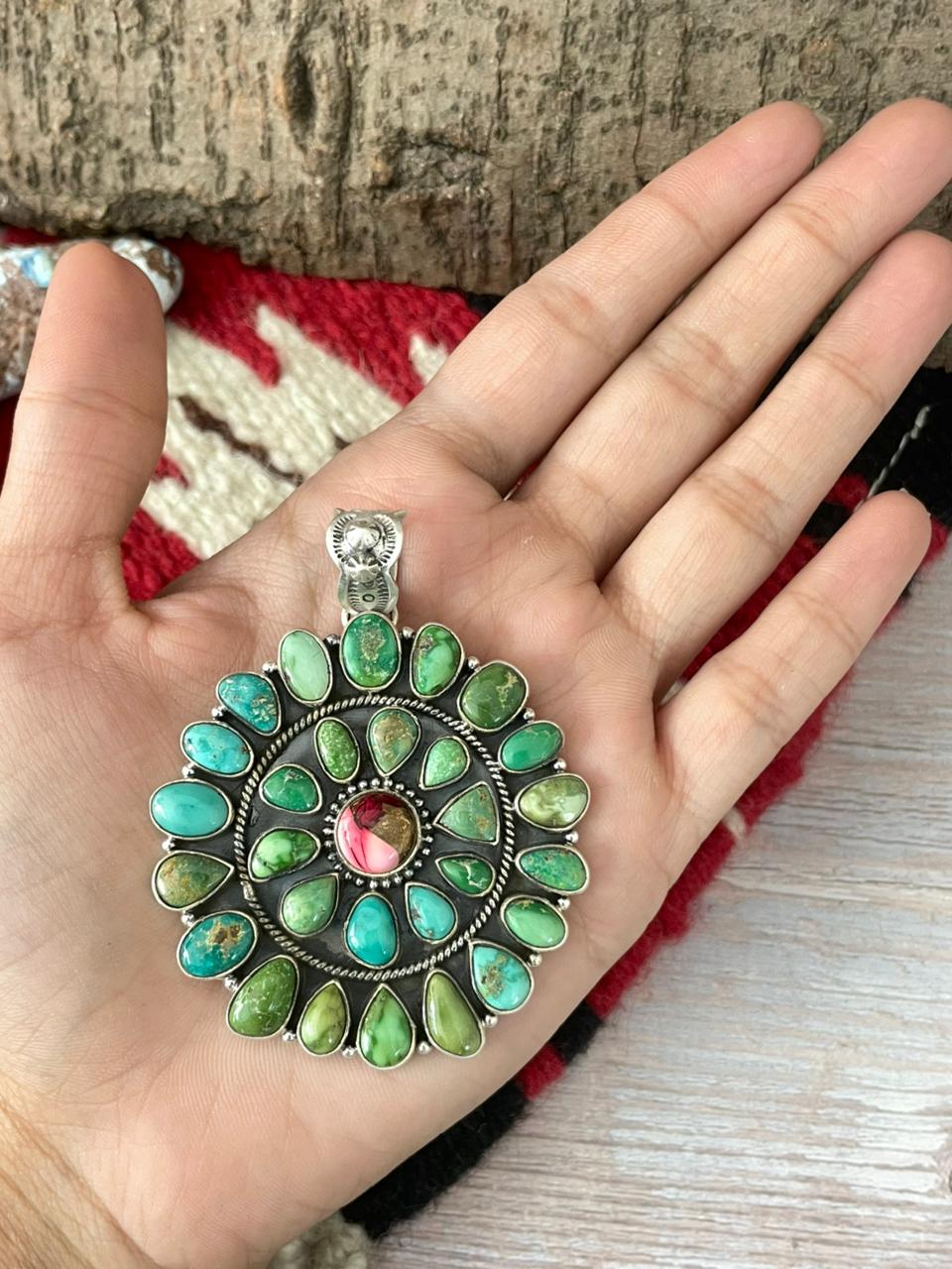 Handmade Sterling Silver Dahlia Rose with Emerald Valley Turquoise Pendant "Signed Nizhoni" Nizhoni Traders LLC