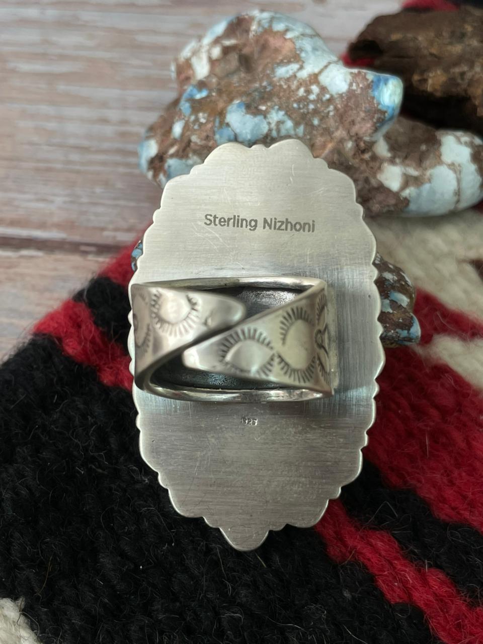 Handmade Sterling Silver Dahlia Rose With Emerald Valley Turquoise Ring "Signed Nizhoni" Nizhoni Traders LLC