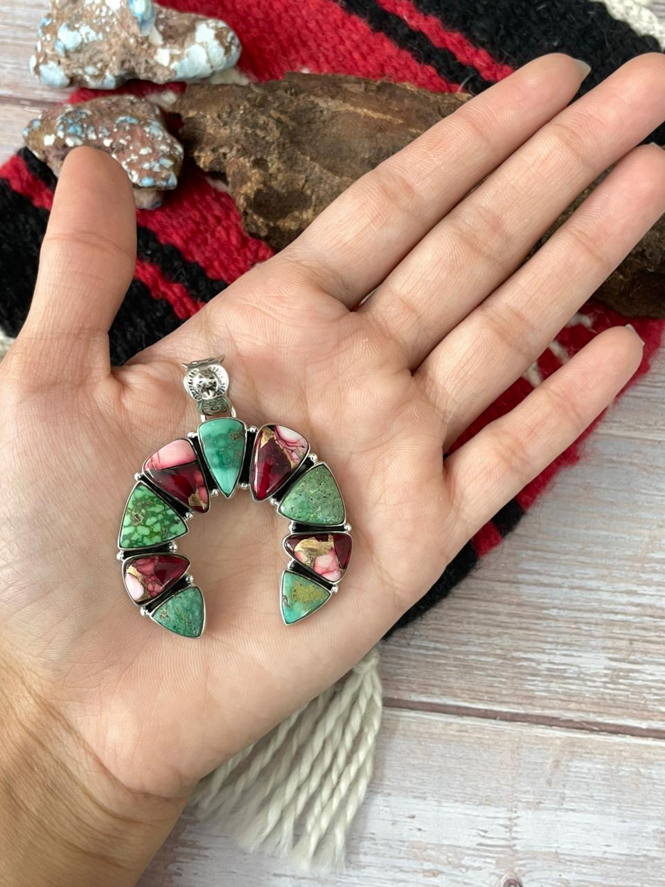 Handmade Sterling Silver Dahlia Rose with Emerald Valley Turquoise Pendant "Signed Nizhoni" Nizhoni Traders LLC