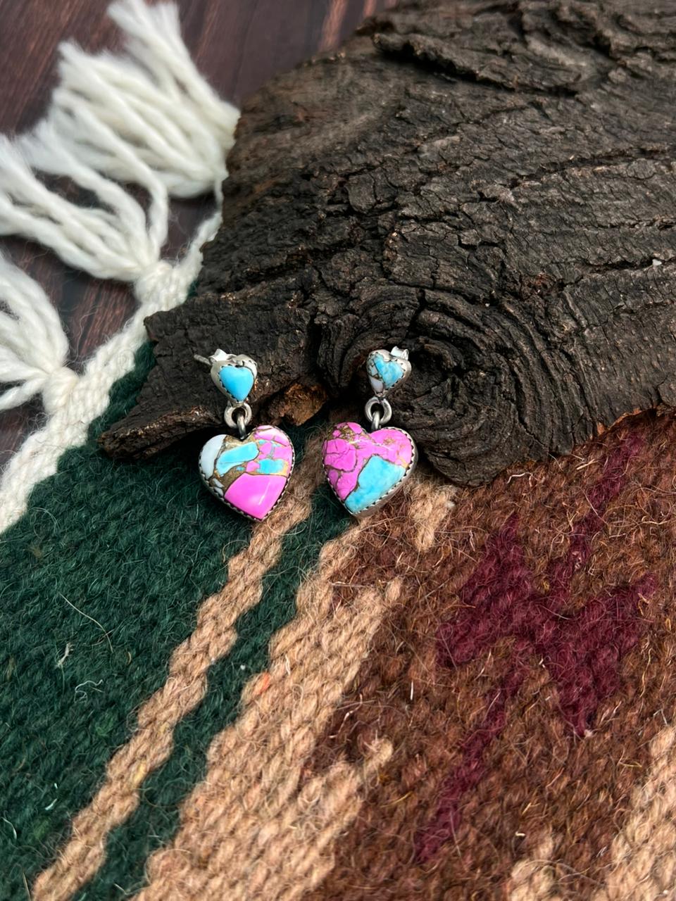 "Heart Collection" Handmade Sterling Silver Cotton Candy Post Dangle Earrings "Signed Nizhoni" Nizhoni Traders LLC