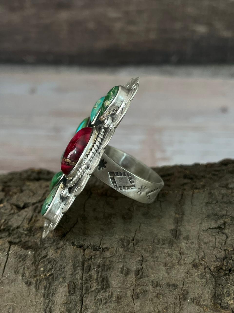 Handmade Sterling Silver Dahlia Rose With Emerald Valley Turquoise Ring "Signed Nizhoni" Nizhoni Traders LLC