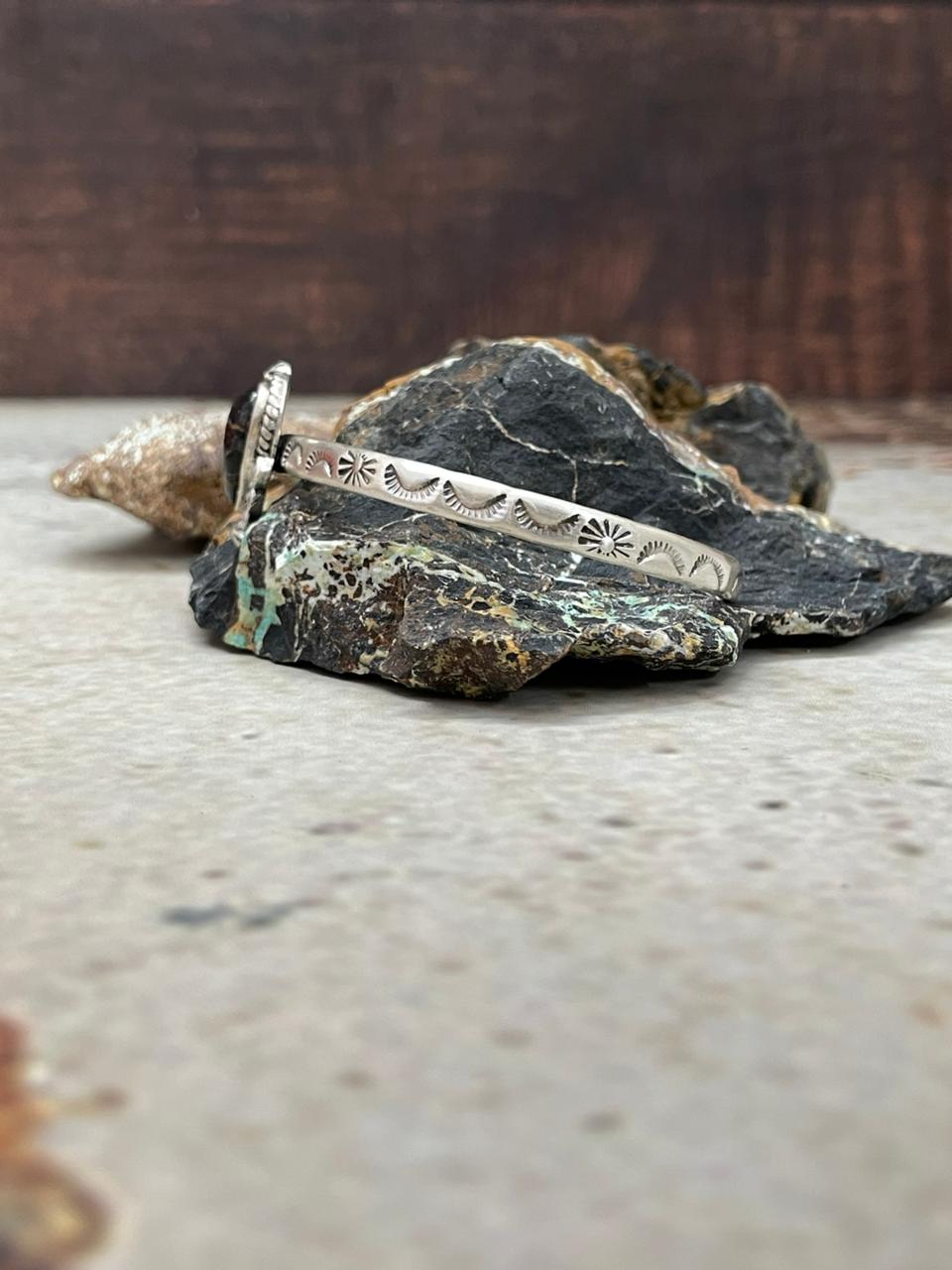 Handmade Sterling Silver Blackjack Turquoise Heart Cuff Bracelet "Signed Nizhoni" Nizhoni Traders LLC