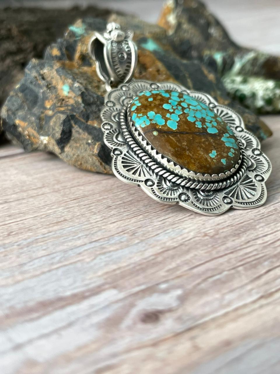 Handmade Sterling Silver Number 8 Turquoise Pendant "Signed Nizhoni" Nizhoni Traders LLC