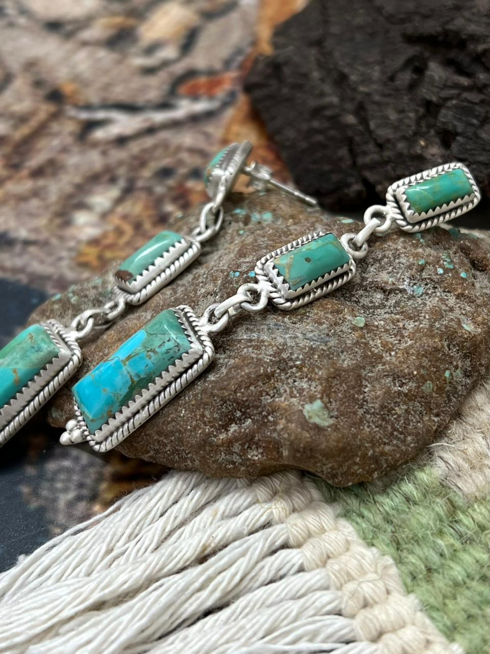 Handmade Sterling Silver Kingman Turquoise Post Earrings "Signed Nizhoni" Nizhoni Traders LLC